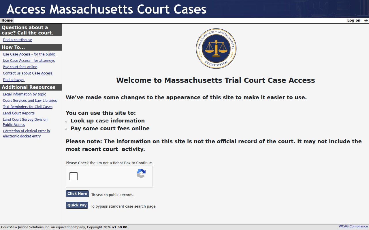 Stoughton residents directory MassCourts access screen