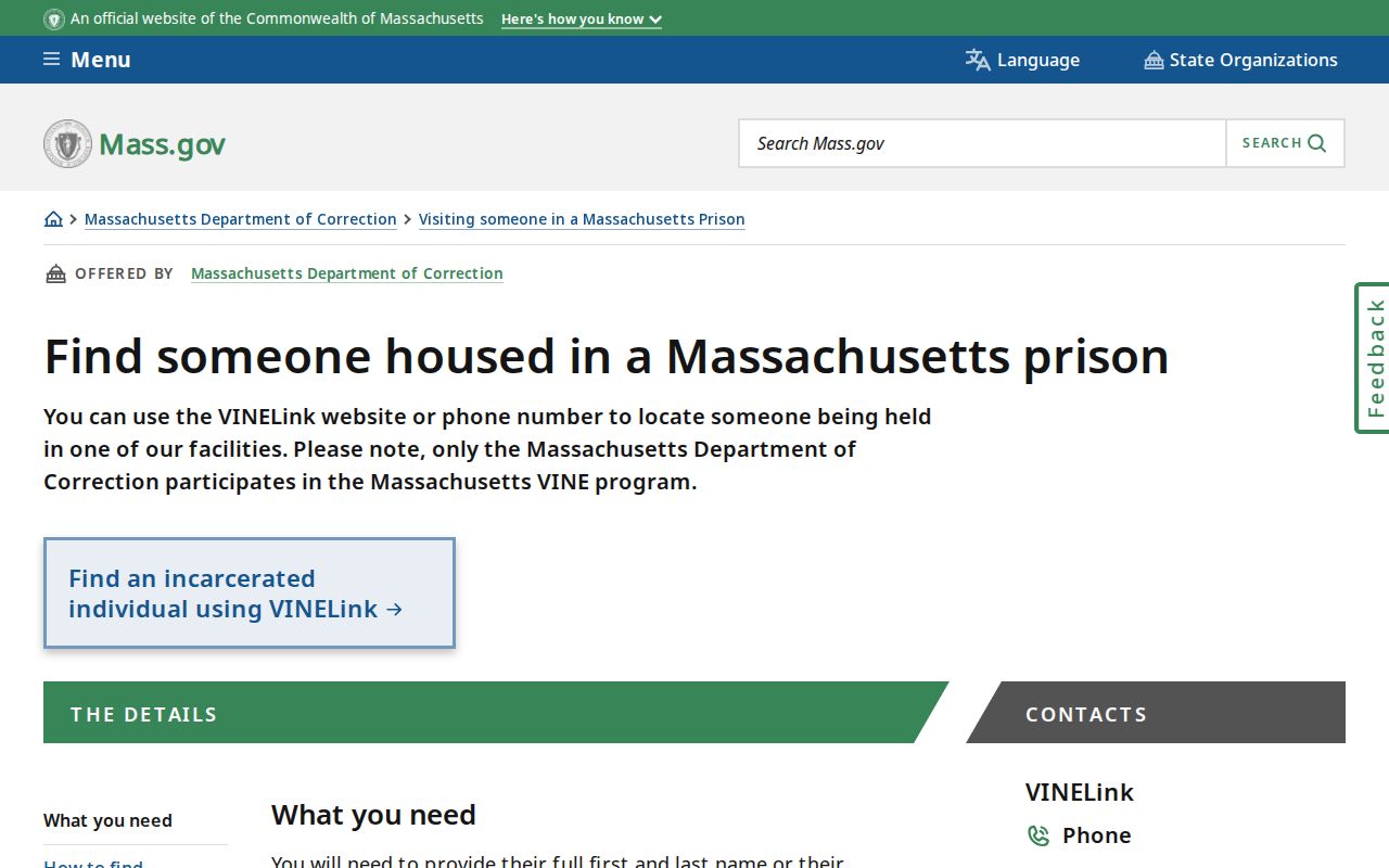Stoughton resident lookup reference for the Massachusetts VINELink prison locator