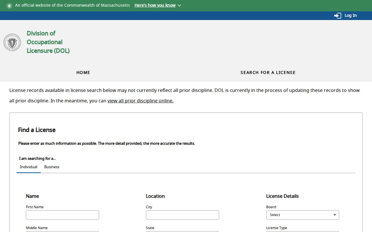 Stoughton resident lookup with Massachusetts professional license search filters
