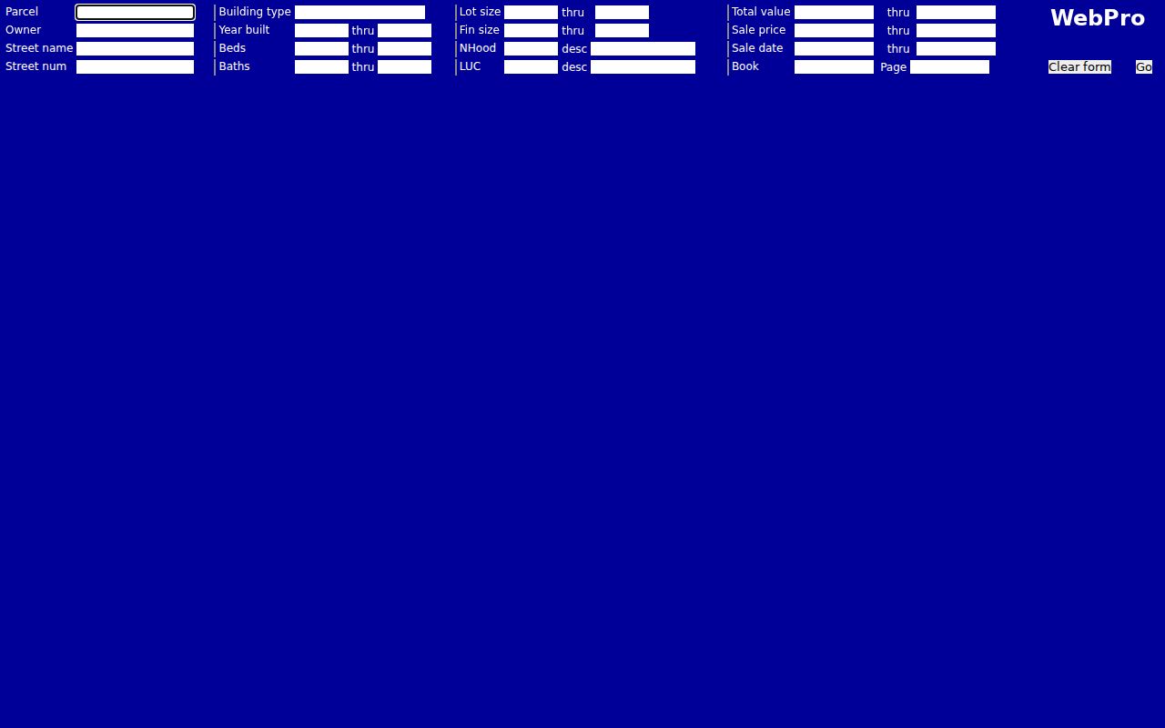 Stoughton ZIP code directory showing the WebPro parcel search without a ZIP field